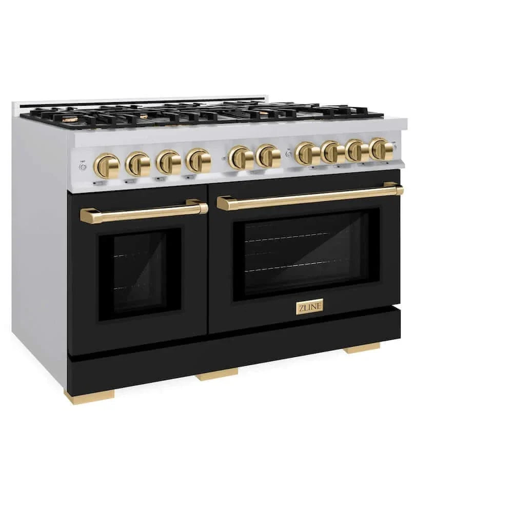 ZLINE 48" Select Gas Range Convection Gas Oven Stainless Steel Black Matte Doors Gold HGRZ-BLM-48-G