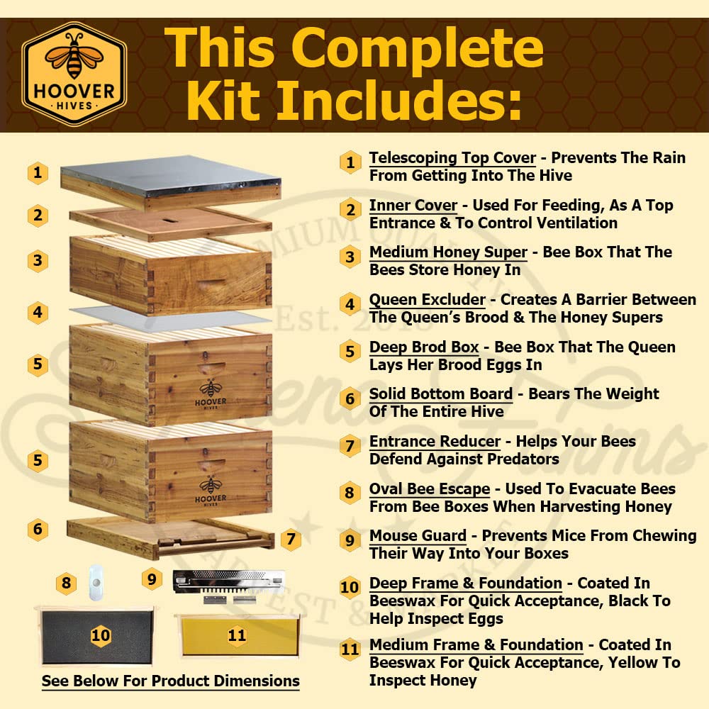 8-Frame Wax-Coated Beehive Kit – (2) Deep & (1) Medium Unassembled | Hoover Hives® Original Beeswax Finish