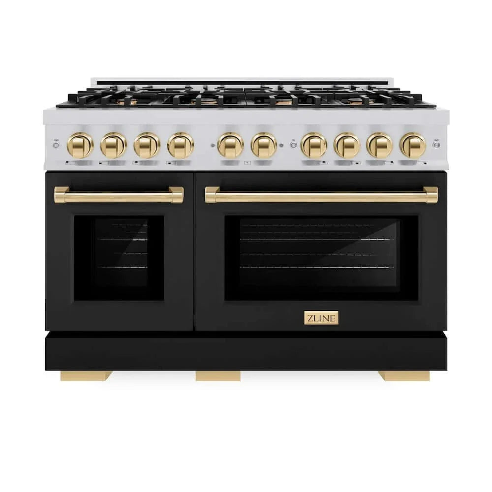 ZLINE 48" Select Gas Range Convection Gas Oven Stainless Steel Black Matte Doors Gold HGRZ-BLM-48-G