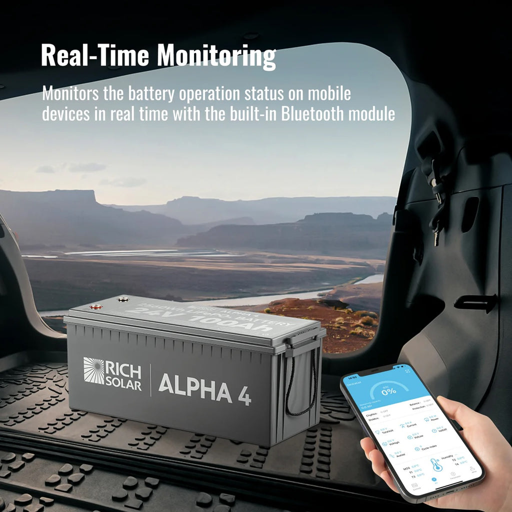 RICH SOLAR ALPHA 4 | 24V 100Ah LiFePO4 Battery | Powerful 24V Lithium Battery for RVs, Trailers, Vans, Boats, Off-Grid | 5,000 Lifetime Cycles | Bluetooth and Internal Heat Technology