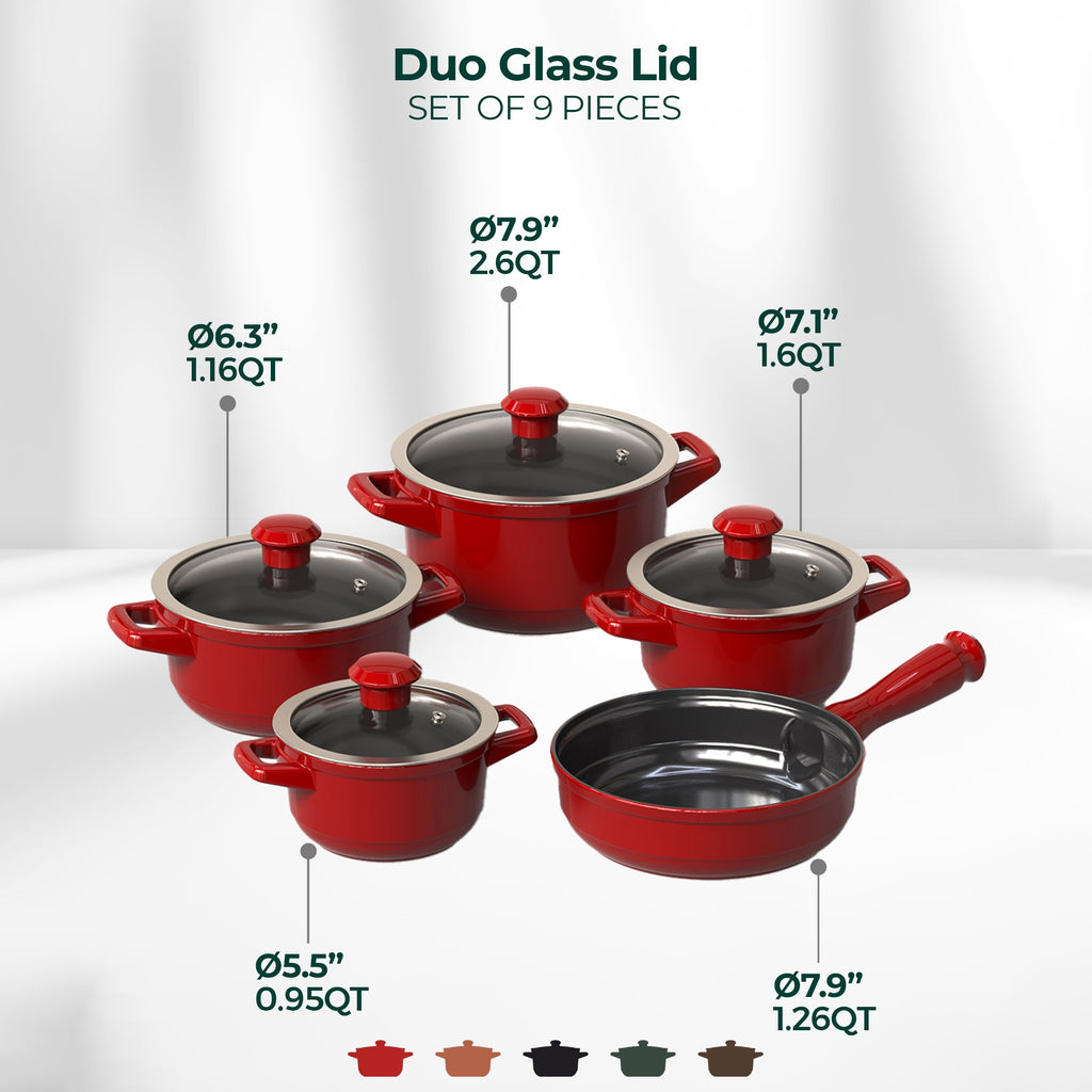 Duo 9 Piece Ceramic Cookware  Set - Glass Lid