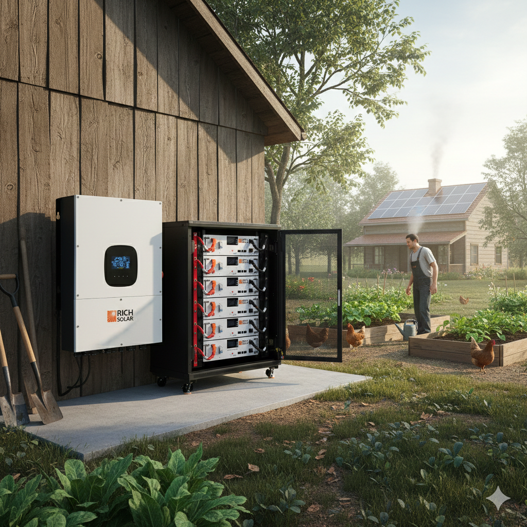 Rich Solar NOVA 12K Hybrid Solar Kit – 12 kW Split-Phase Inverter with 61.44 kWh LiFePO₄ Server Battery System