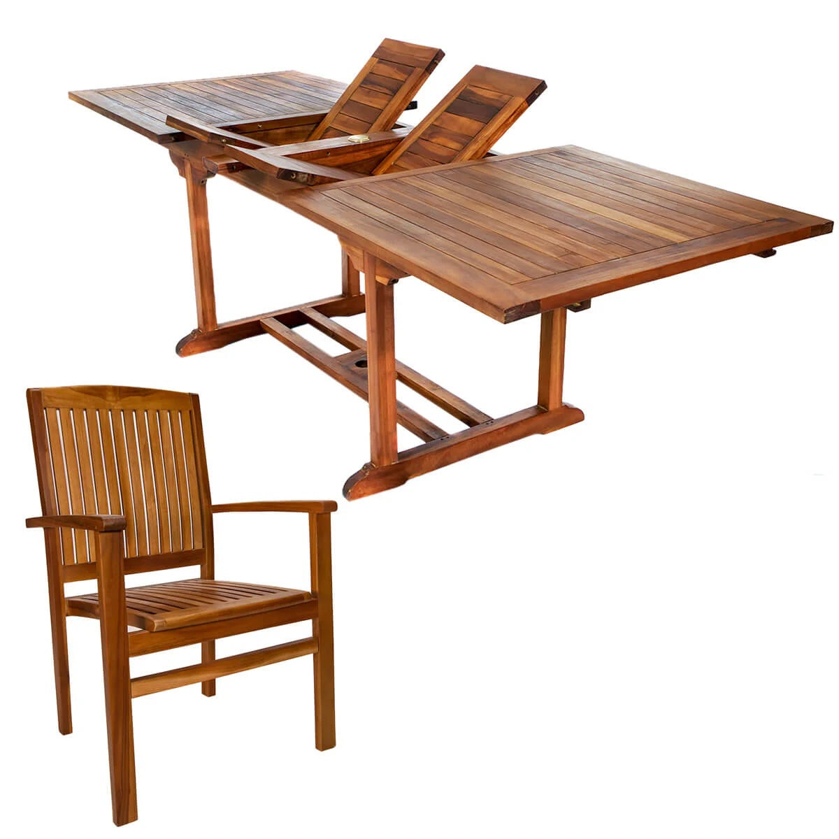 7‑Piece Twin Butterfly Leaf Teak Extension Table Stacking Chair Set