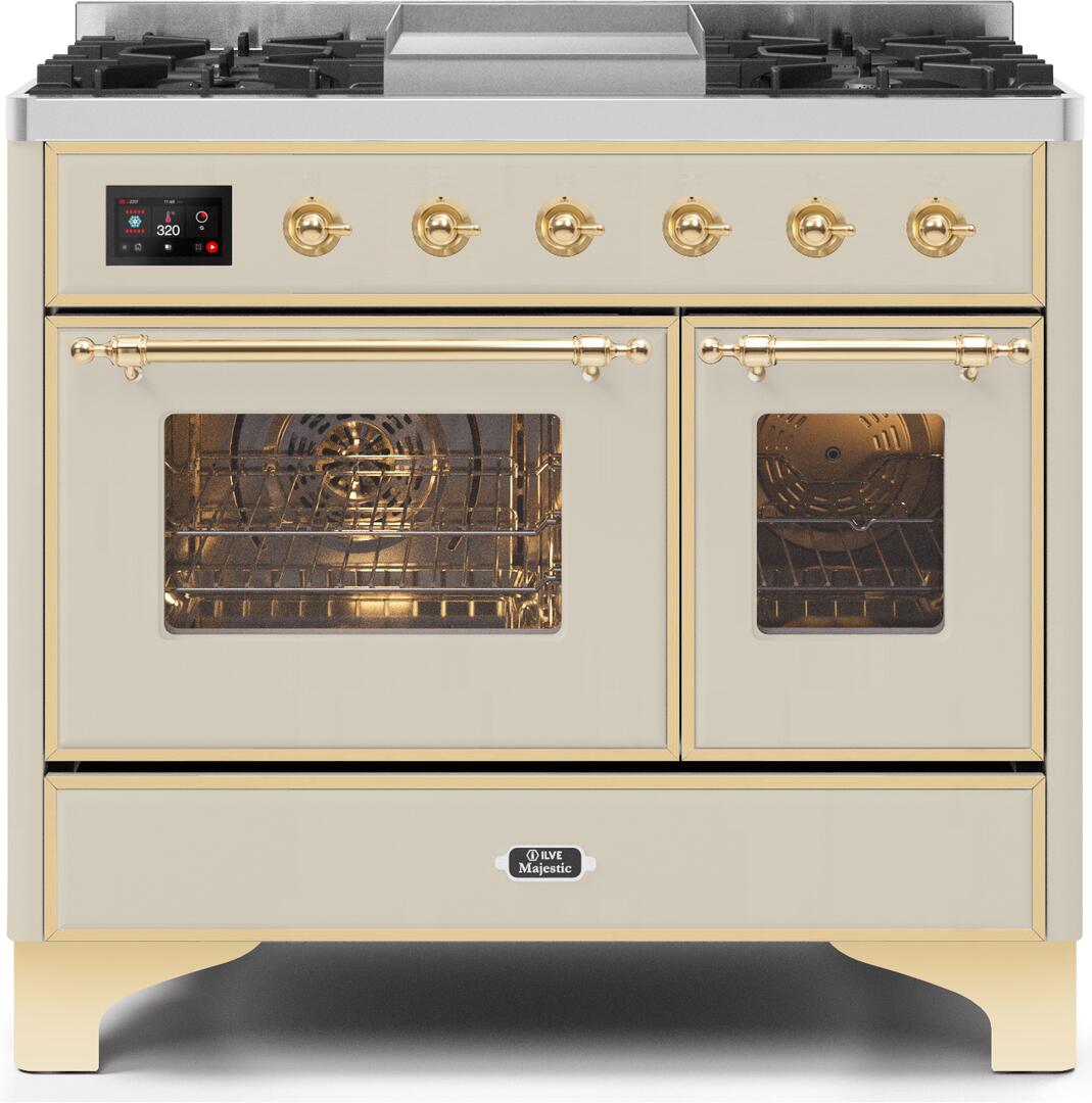 ILVE 40" Majestic II Dual Fuel Range Antique White Brass Trim UMD10FDNS3AWG