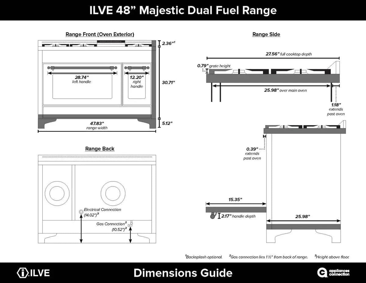 ILVE Majestic II 48" Dual Fuel Range, Glossy Black, UM12FDNS3BKB
