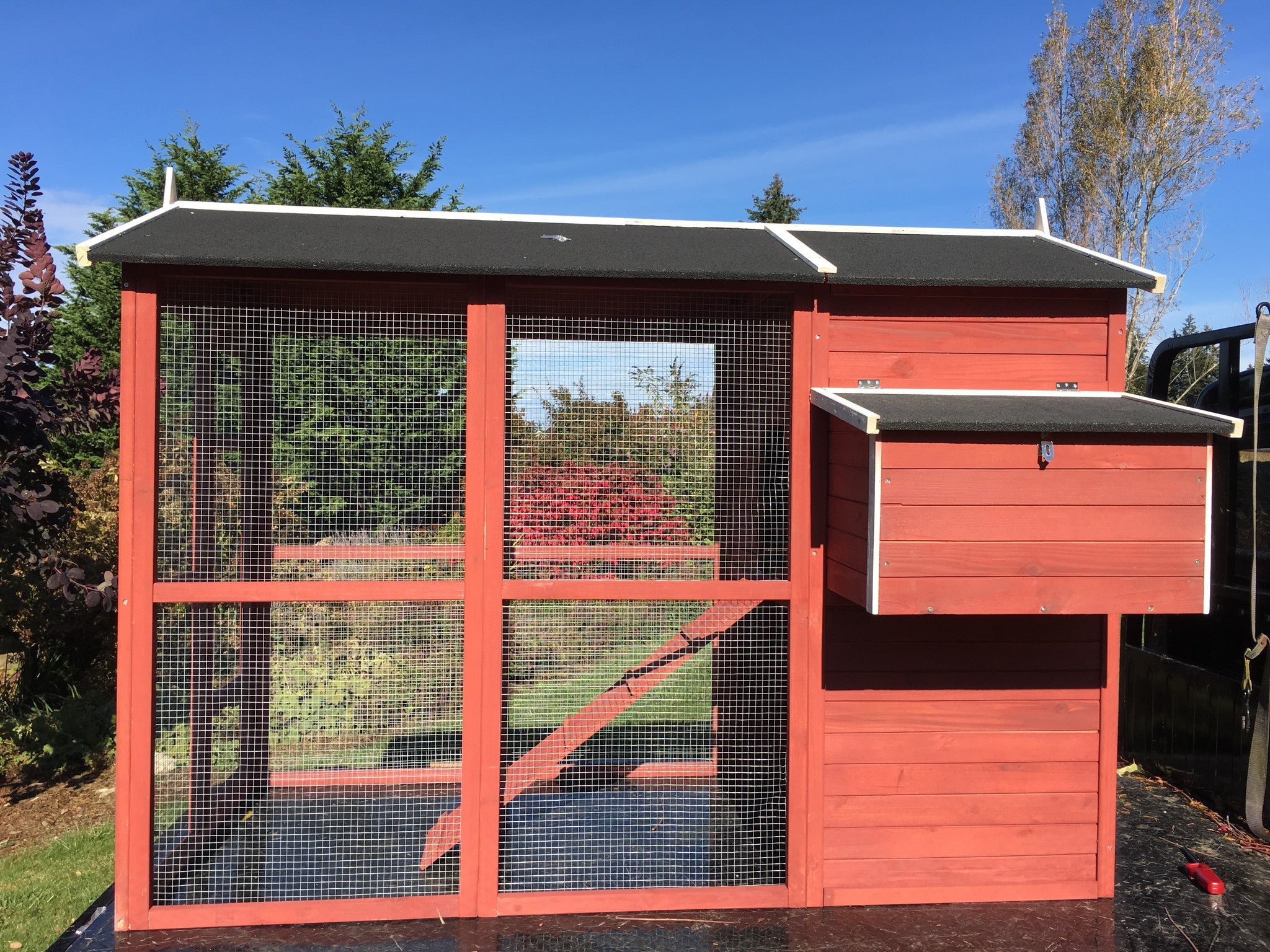 NEW FarmHouse Coop.  Both Stain colors in stock, BARN RED Limited Run!