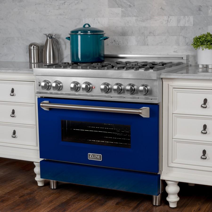 ZLINE 36" Professional Dual Fuel Range in Snow Stainless, Blue Gloss Door, RAS-BG-36