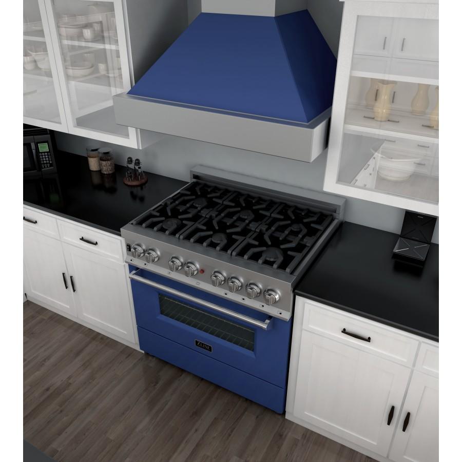 ZLINE 36" Professional Dual Fuel Range in Snow Stainless, Blue Gloss Door, RAS-BG-36