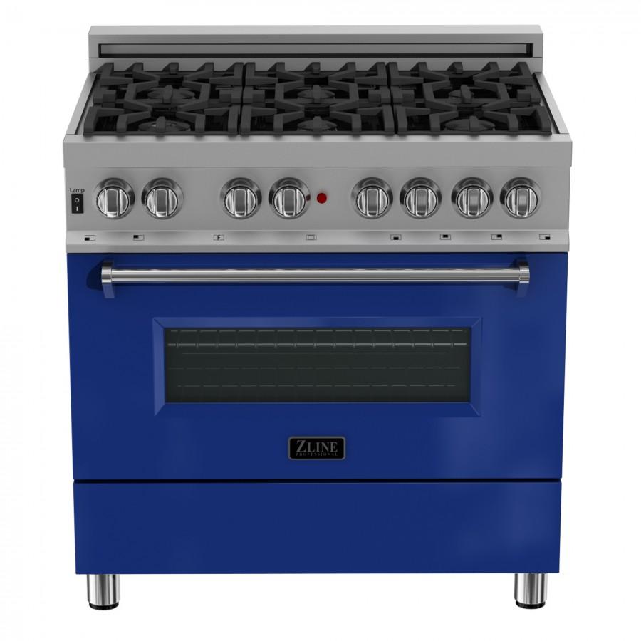 ZLINE 36" Professional Dual Fuel Range in Snow Stainless, Blue Gloss Door, RAS-BG-36