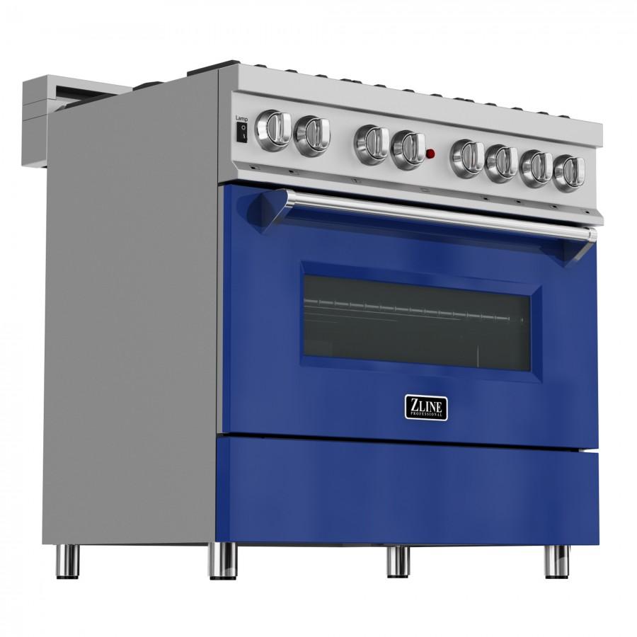 ZLINE 36" Professional Dual Fuel Range in Snow Stainless, Blue Gloss Door, RAS-BG-36