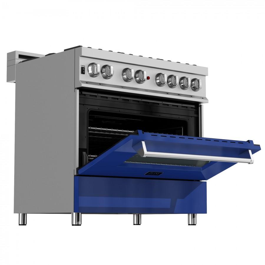 ZLINE 36" Professional Dual Fuel Range in Snow Stainless, Blue Gloss Door, RAS-BG-36