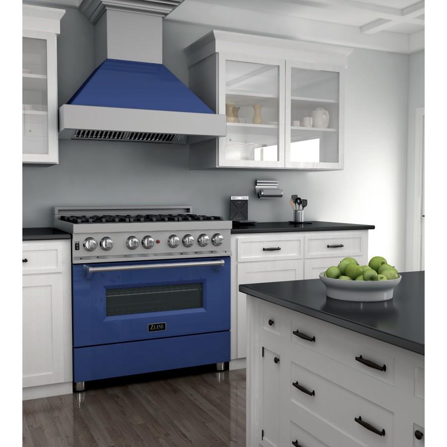 ZLINE 36" Professional Dual Fuel Range in Snow Stainless, Blue Gloss Door, RAS-BG-36