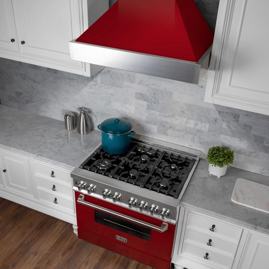 ZLINE 36" Professional Dual Fuel Range in Snow Stainless with Red Gloss Door, RAS-RG-36