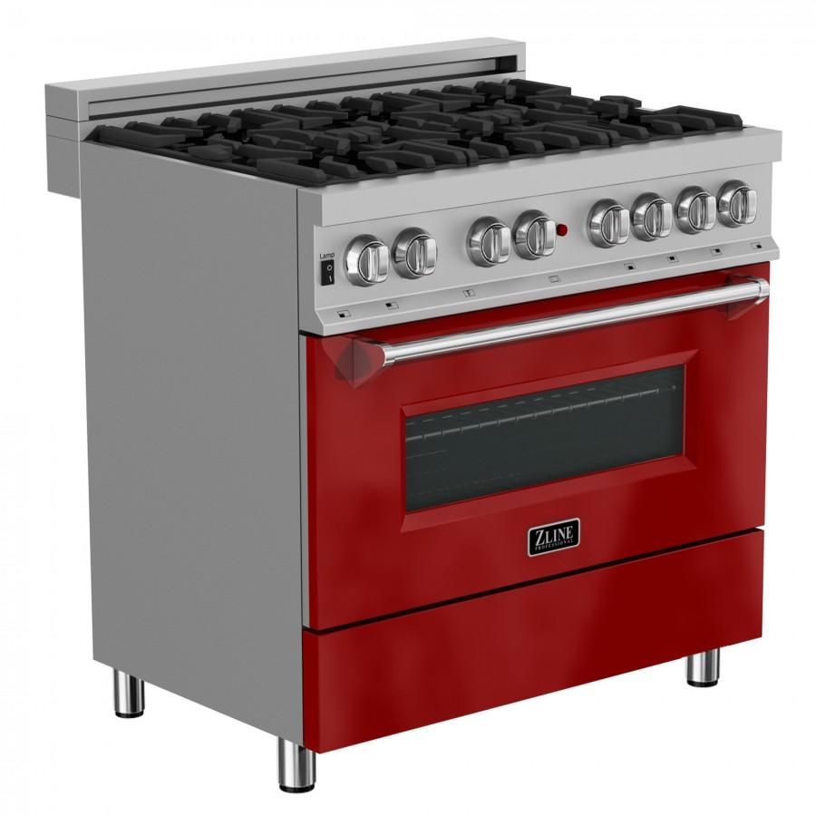ZLINE 36" Professional Dual Fuel Range in Snow Stainless with Red Gloss Door, RAS-RG-36