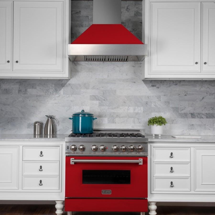 ZLINE 36" Professional Dual Fuel Range in Snow Stainless with Red Gloss Door, RAS-RG-36
