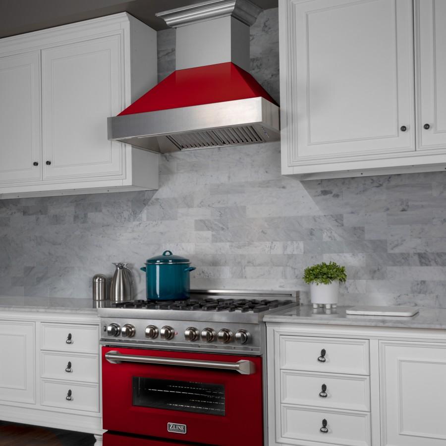 ZLINE 36" Professional Dual Fuel Range in Snow Stainless with Red Gloss Door, RAS-RG-36
