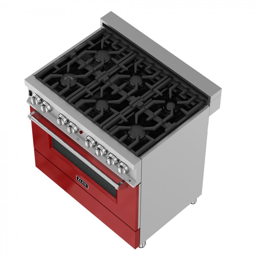 ZLINE 36" Professional Dual Fuel Range in Snow Stainless with Red Gloss Door, RAS-RG-36