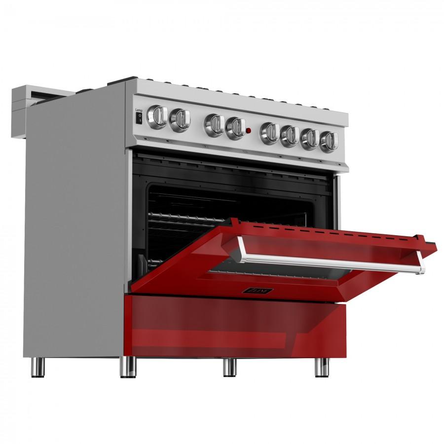 ZLINE 36" Professional Dual Fuel Range in Snow Stainless with Red Gloss Door, RAS-RG-36