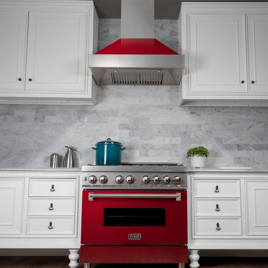 ZLINE 36" Professional Dual Fuel Range in Snow Stainless with Red Gloss Door, RAS-RG-36