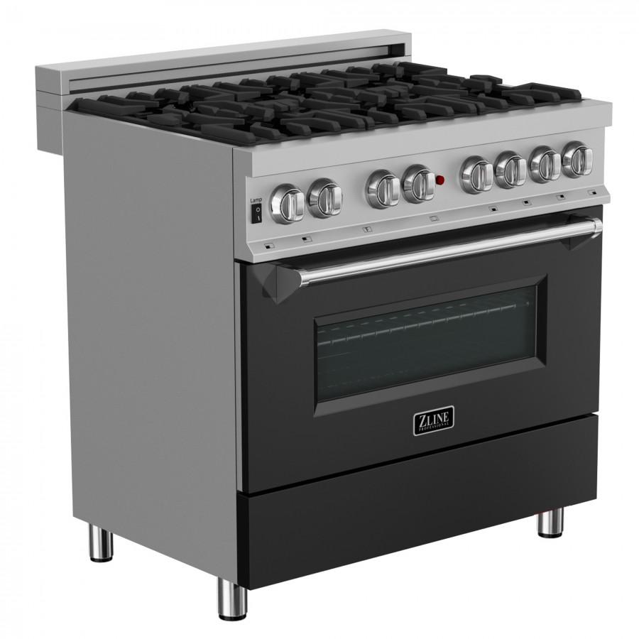 ZLINE 36" Professional Dual Fuel Range, Snow Stainless, Black Matte Door, RAS-BLM-36