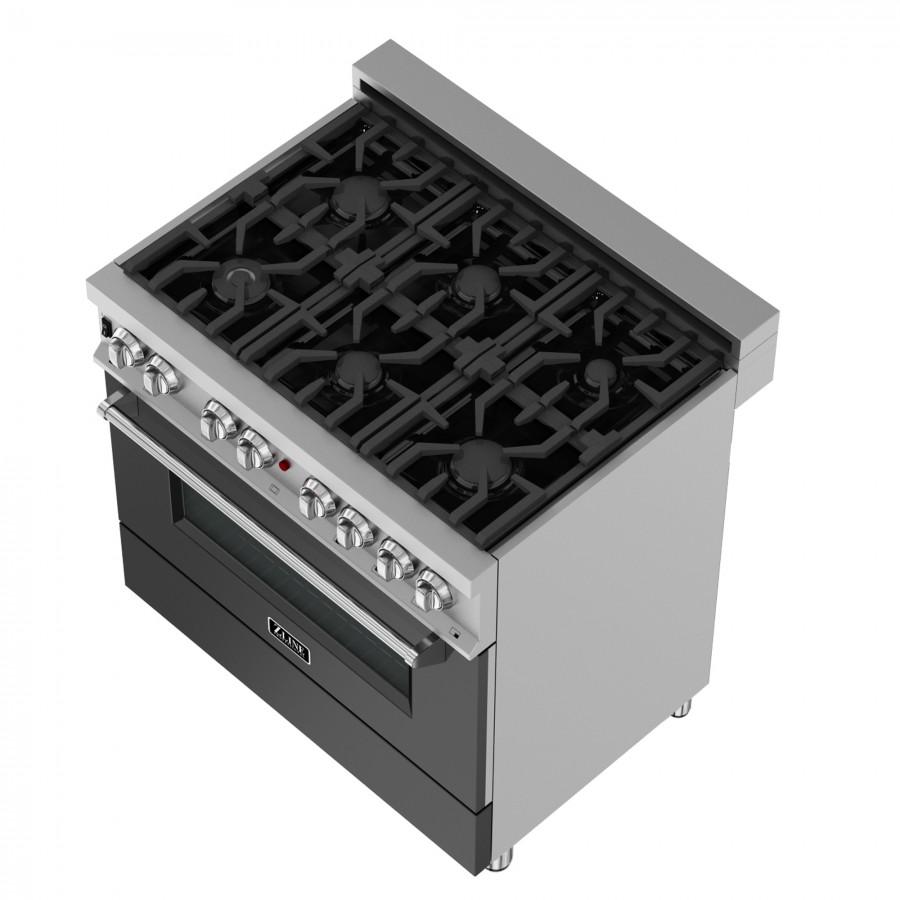 ZLINE 36" Professional Dual Fuel Range, Snow Stainless, Black Matte Door, RAS-BLM-36