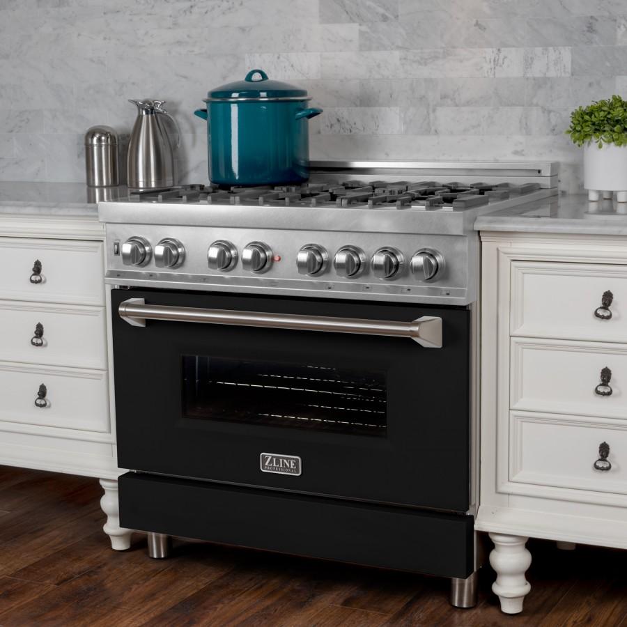 ZLINE 36" Professional Dual Fuel Range, Snow Stainless, Black Matte Door, RAS-BLM-36
