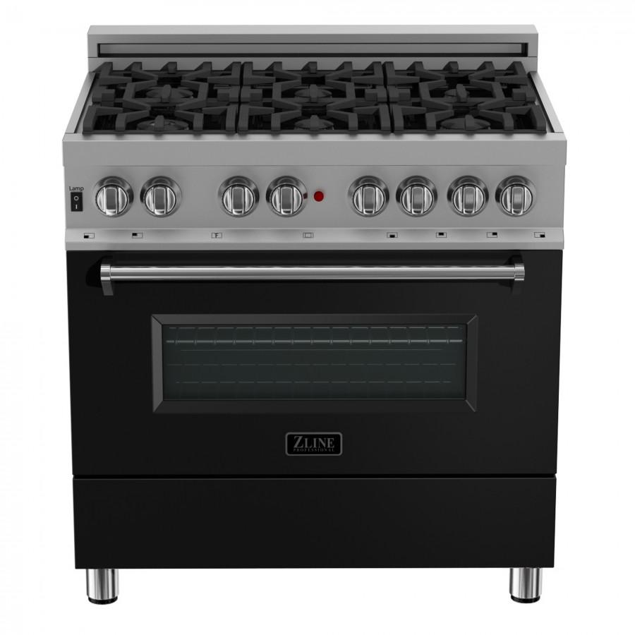 ZLINE 36" Professional Dual Fuel Range, Snow Stainless, Black Matte Door, RAS-BLM-36