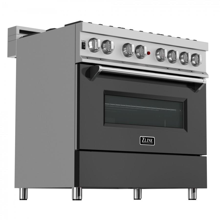 ZLINE 36" Professional Dual Fuel Range, Snow Stainless, Black Matte Door, RAS-BLM-36