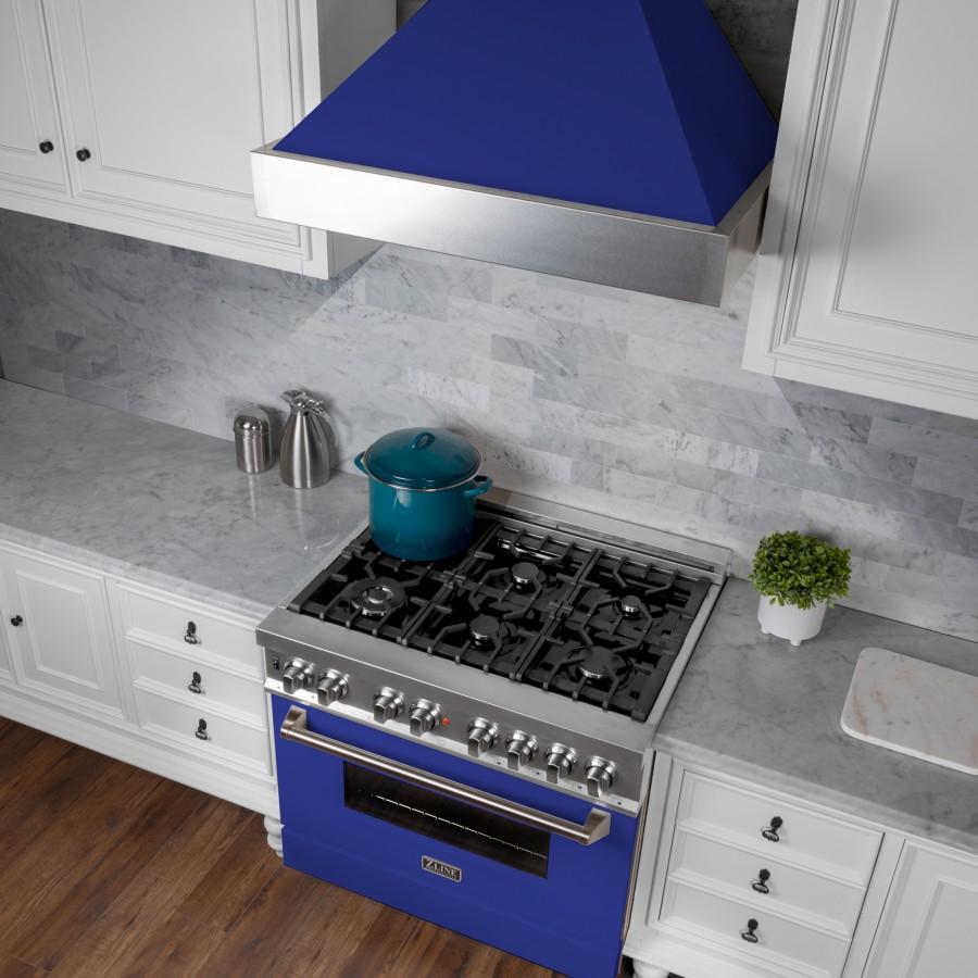 ZLINE 36" Professional Dual Fuel Range, Snow Stainless, Blue Matte Door, RAS-BM-36
