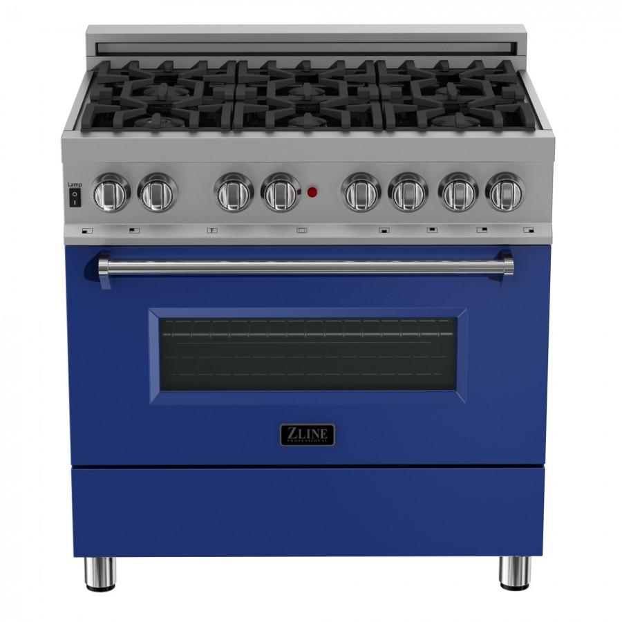 ZLINE 36" Professional Dual Fuel Range, Snow Stainless, Blue Matte Door, RAS-BM-36