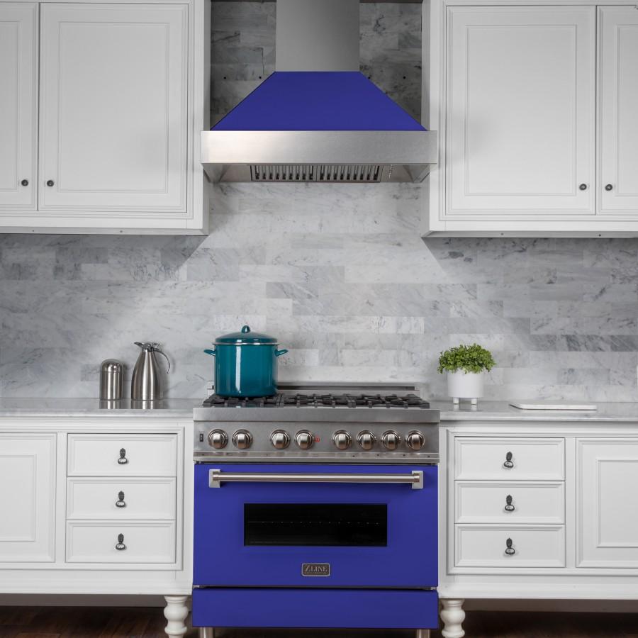 ZLINE 36" Professional Dual Fuel Range, Snow Stainless, Blue Matte Door, RAS-BM-36