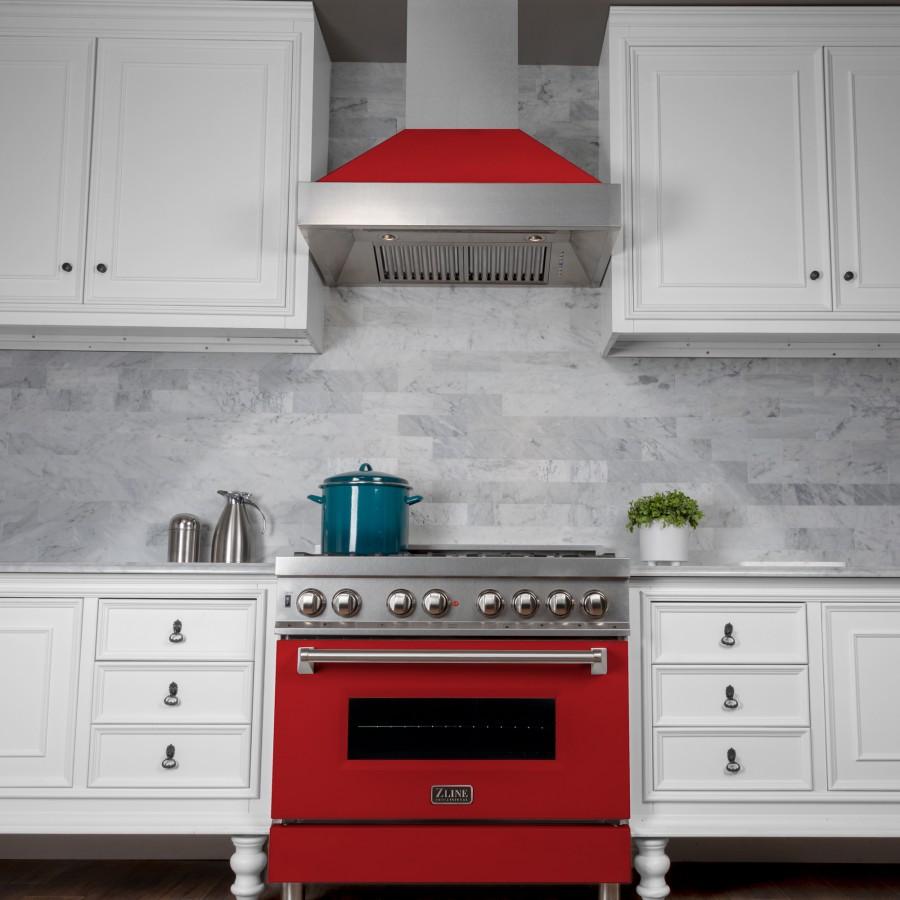ZLINE 36" Professional Dual Fuel Range, Snow Stainless, Red Matte Door, RAS-RM-36