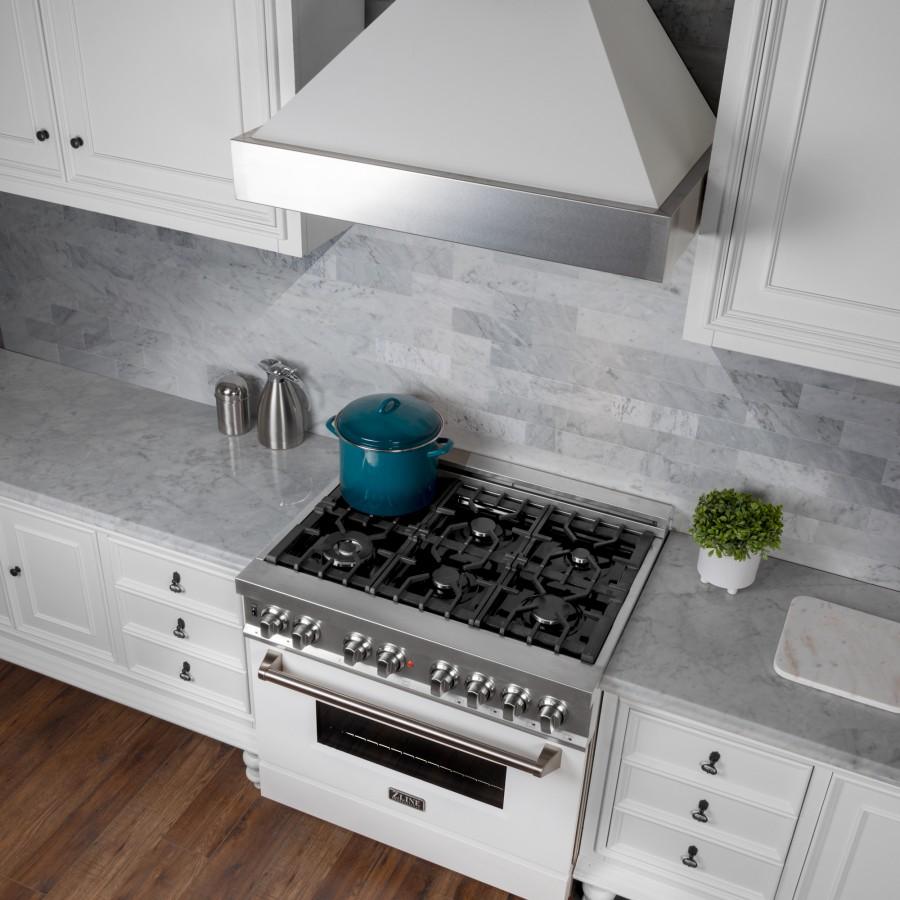 ZLINE 36" Professional Dual Fuel Range, Snow Stainless, White Matte Door, RAS-WM-36