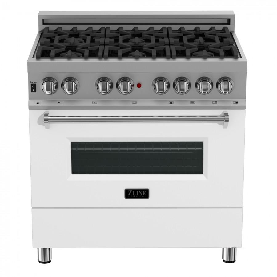ZLINE 36" Professional Dual Fuel Range, Snow Stainless, White Matte Door, RAS-WM-36